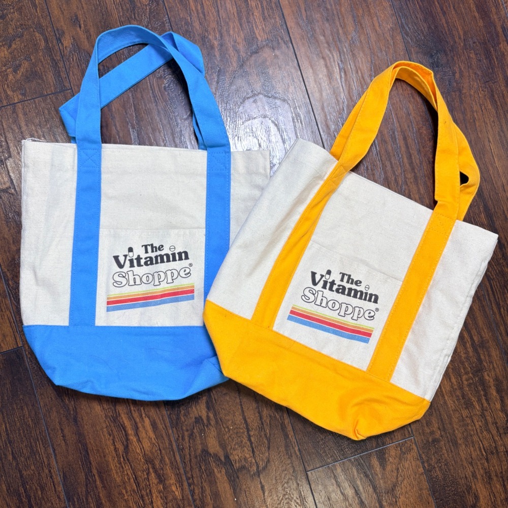 The Vitamin Shoppe Tote Bag Blue Yellow Canvas Logo Set of 2